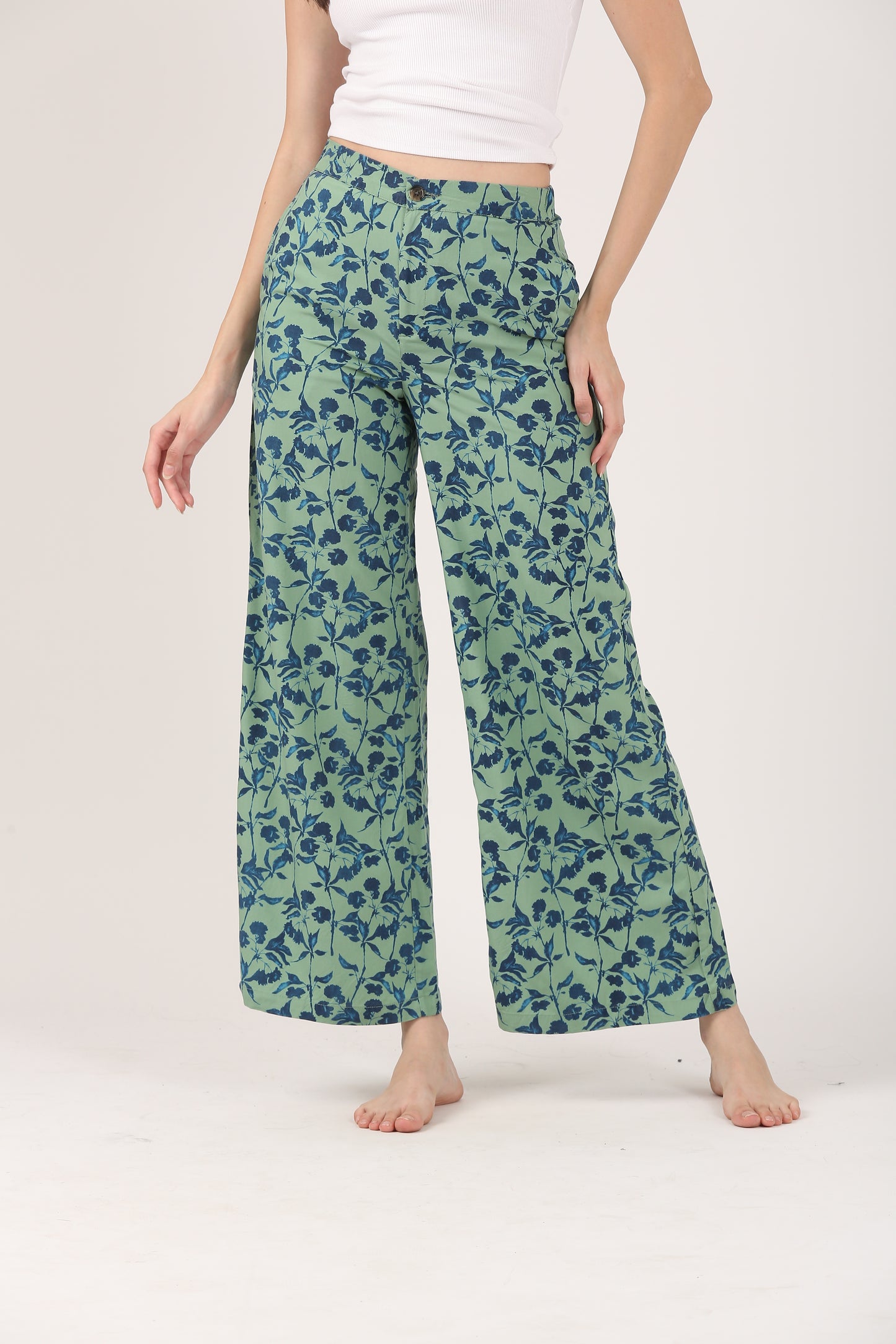Sea Green Flare Viscose Pant - Casual Wide Leg Trousers