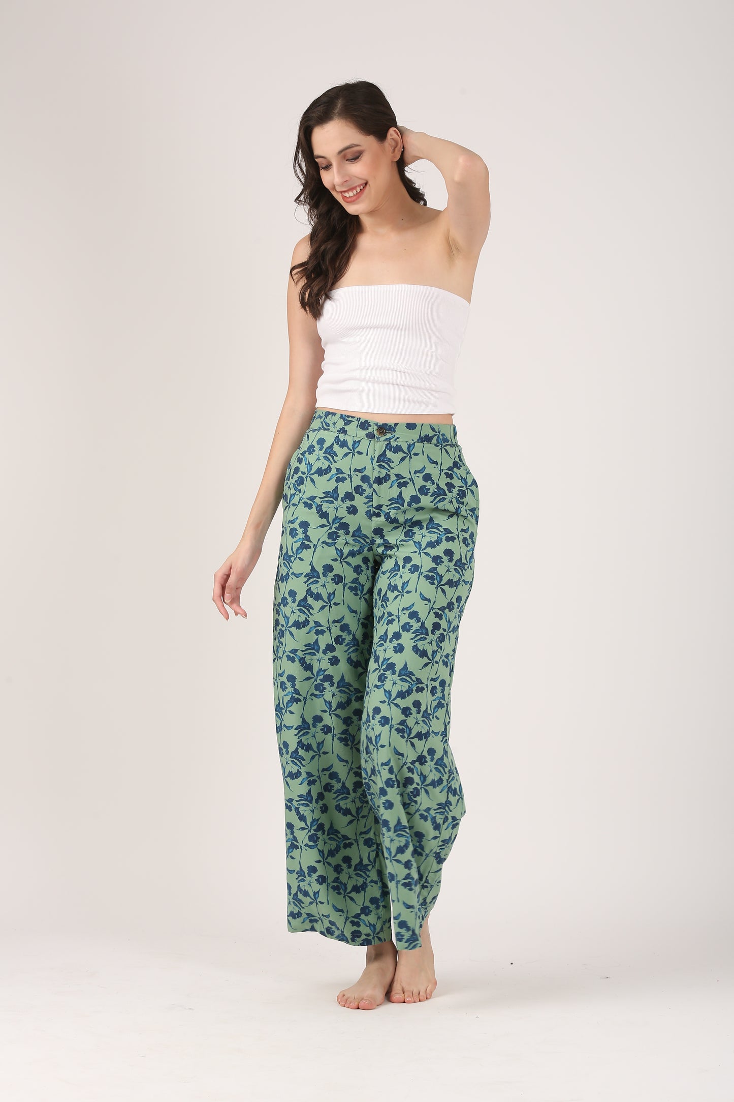 Sea Green Flare Viscose Pant - Casual Wide Leg Trousers