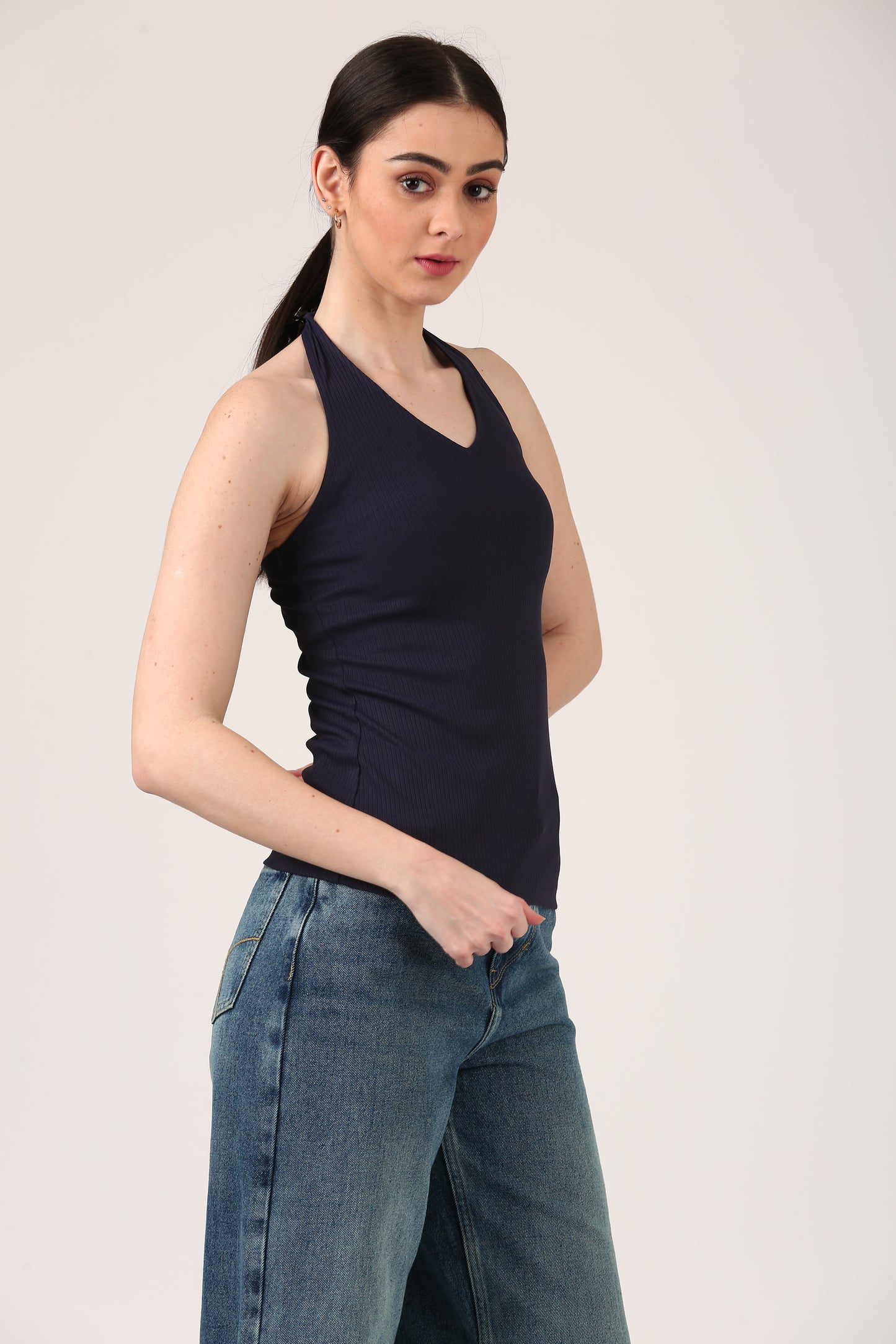 Navy Halter Neck Fitted Tank Top