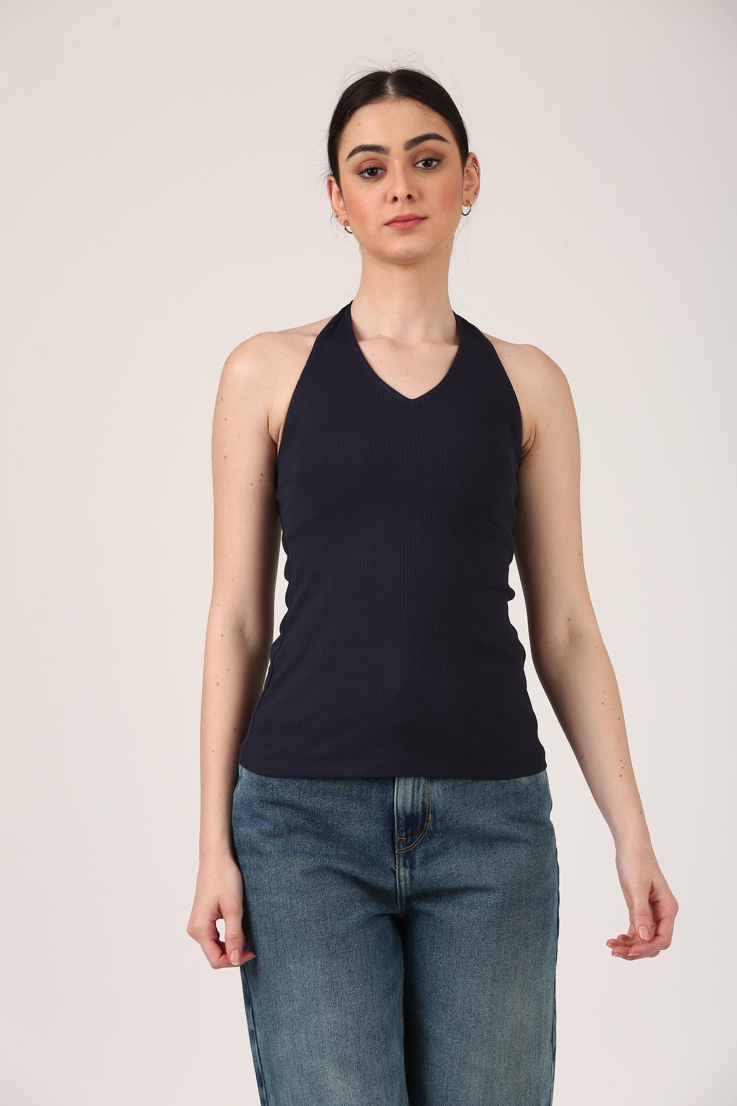 Navy Halter Neck Fitted Tank Top