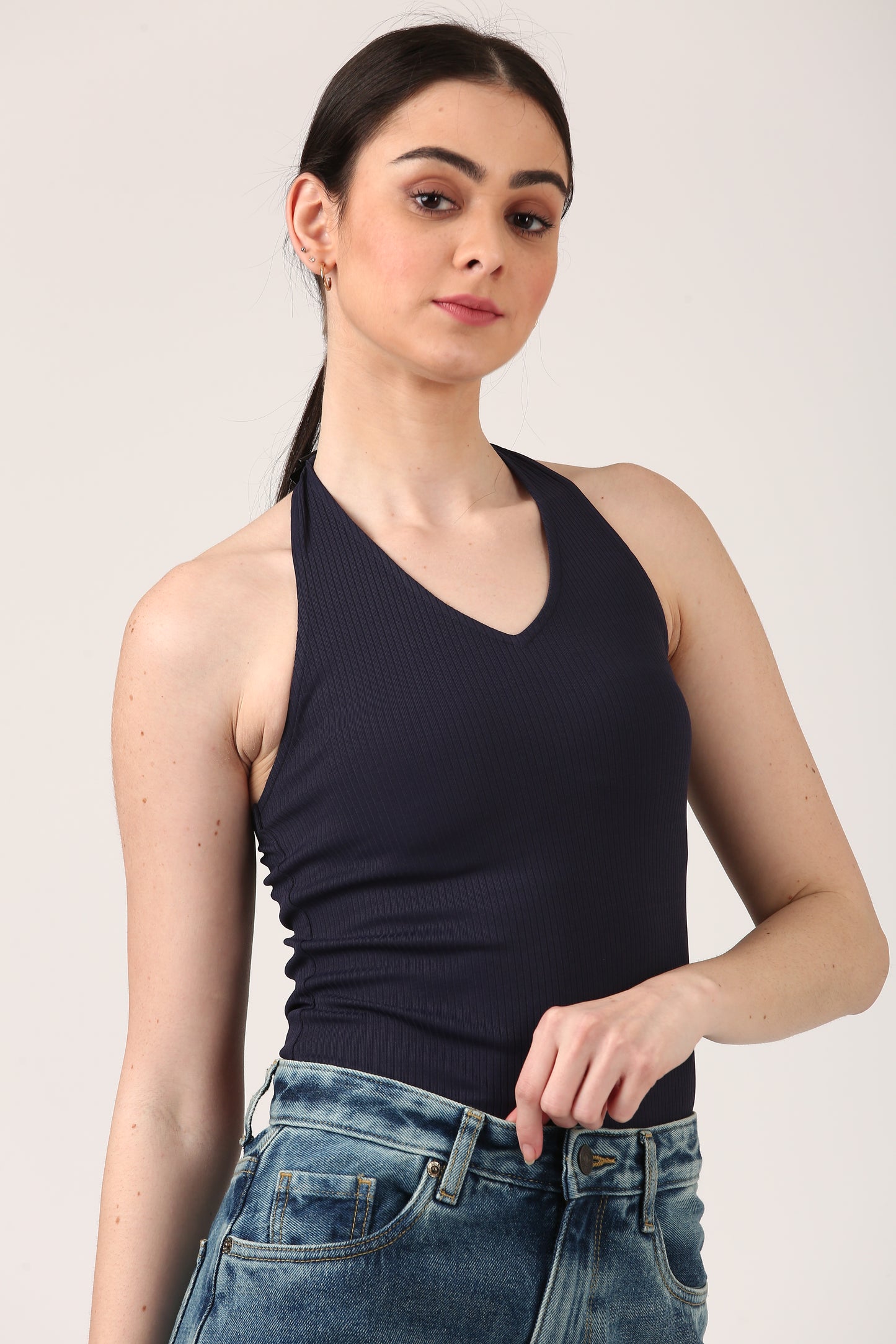 Navy Halter Neck Fitted Tank Top