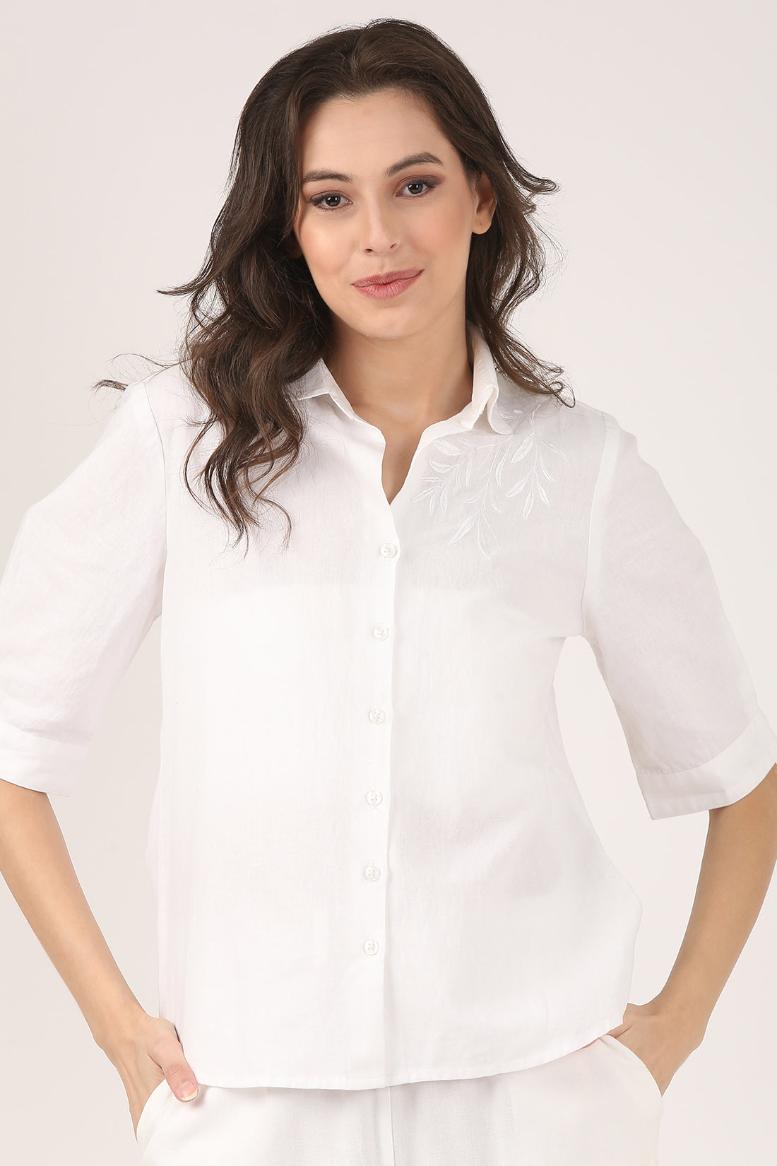 White Linen Shirt with tone on tone Shoulder Embroidery