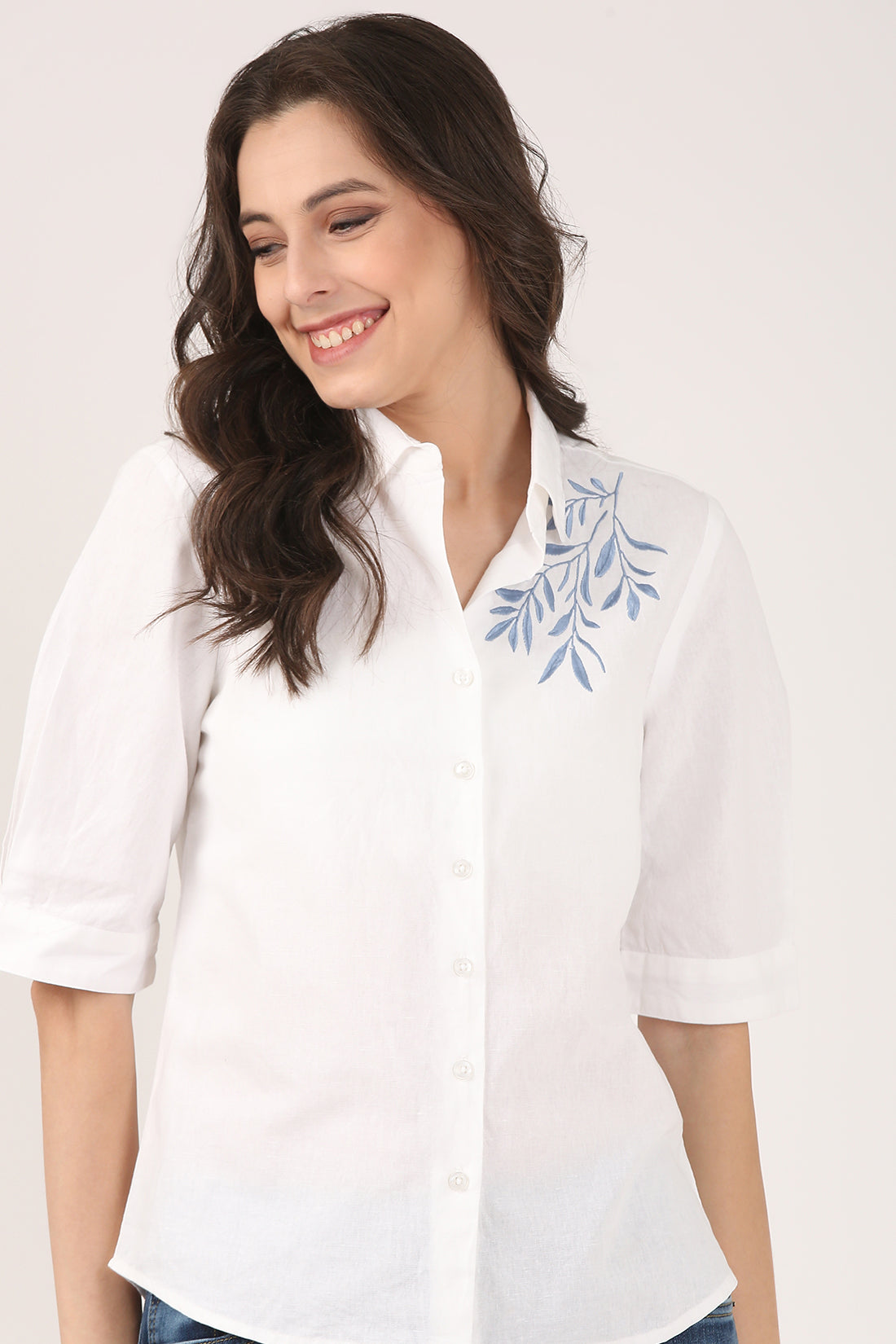 White Linen Shirt With Blue Shoulder Embroidery