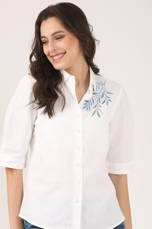 White Linen Shirt With Blue Shoulder Embroidery