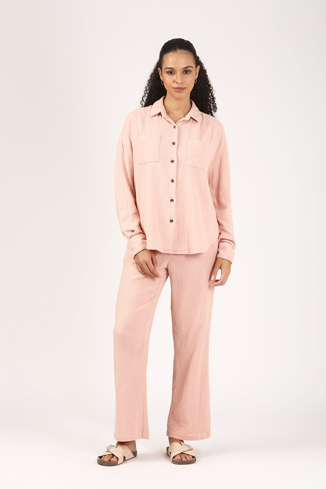 Dusty Pink Cotton double cloth Crinkle Wide leg Pant