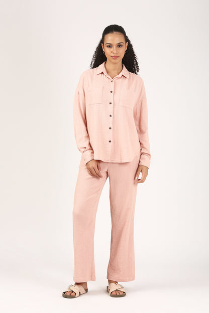 Dusty Pink Cotton double cloth Crinkle Wide leg Pant