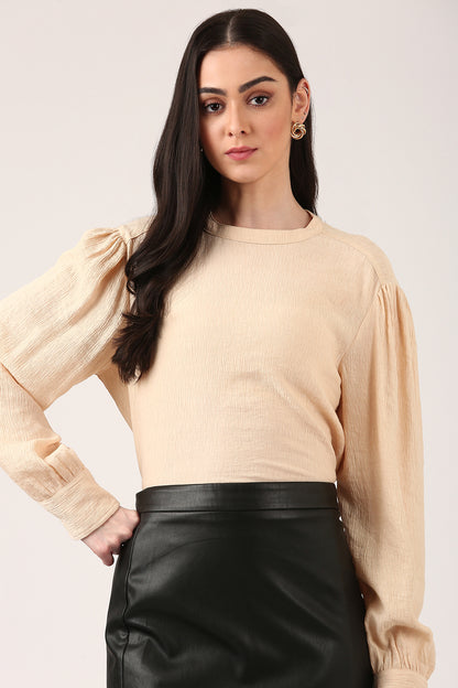 Beige Puff Sleeve Textured Flowy Top