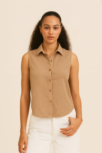 Caramel Cotton Linen Sleeveless Shirt