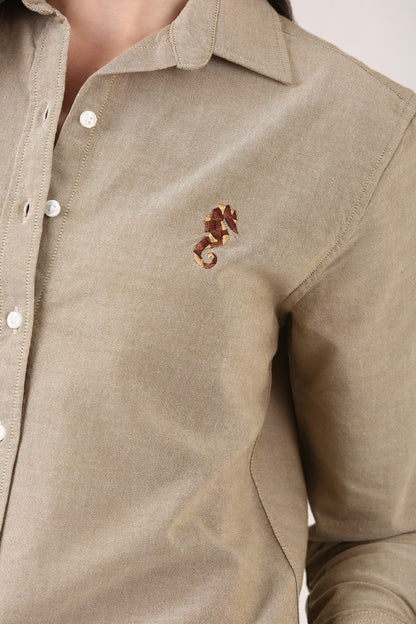Beige Embroidered Oxford Shirt – Full Sleeve Tailored Fit
