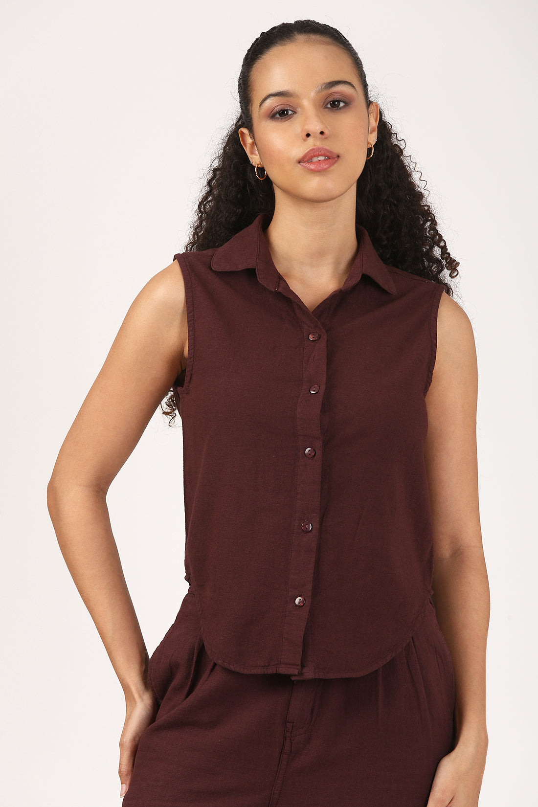 Burgundy Cotton linen Sleeveless Shirt