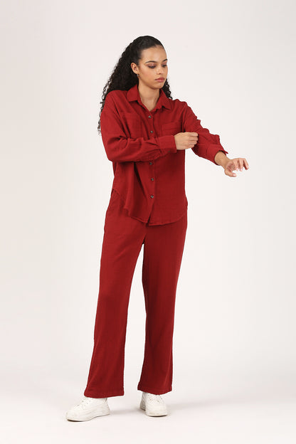 Deep Rust Cotton Double Cloth Crinkle Wide leg Pant