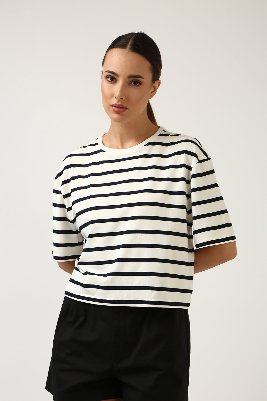 Super Soft-Boxy Tee-White & Navy Stripe