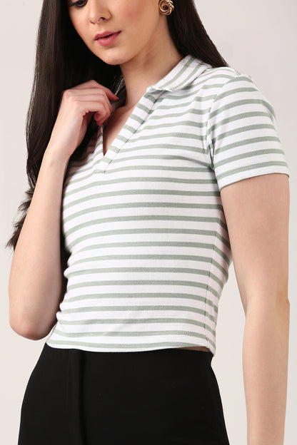 Ribbed Striped Polo Top – Short Sleeve Fitted Top