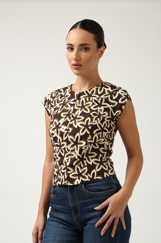 Dark Brown Printed  Top