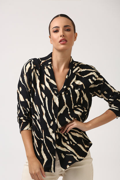 Black Printed Lapel Collar Shirt