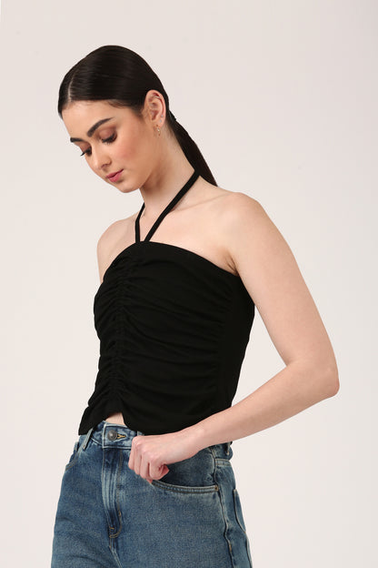 Black Ruched Halter Neck Top For Women – Strap Detail Fitted Party Crop