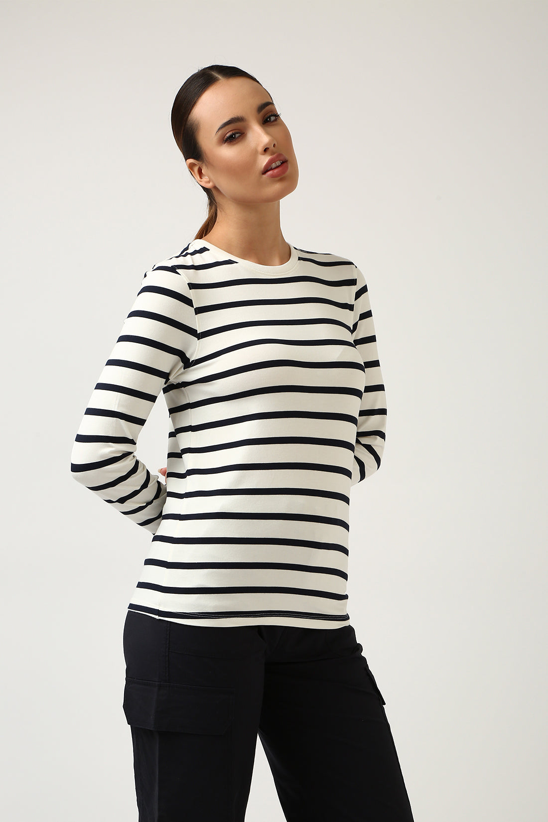 Super Soft-Long Sleeve Tee-White & Navy Stripe