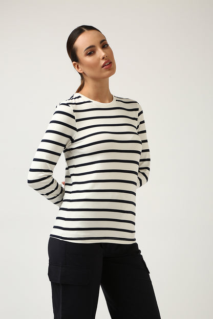 Super Soft-Long Sleeve Tee-White & Navy Stripe