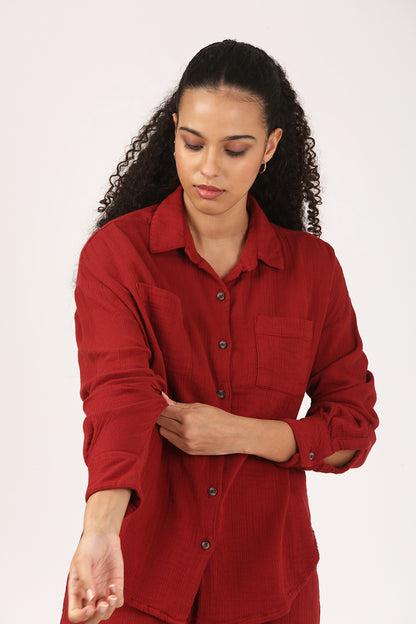 Deep Rust  Cotton Double Cloth Crinkle Oversized Shirt