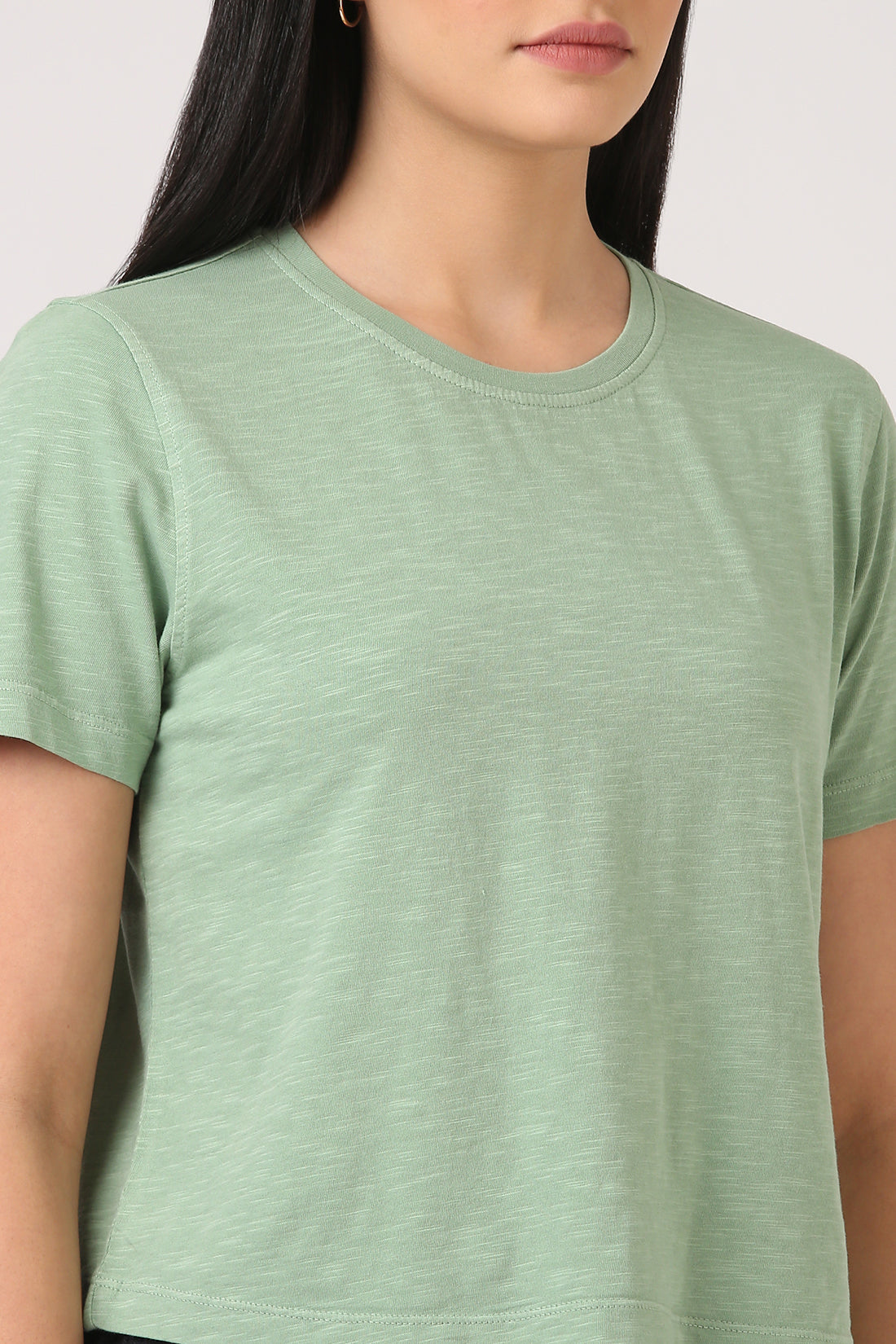 Women's Sage Green Cotton Slub T-shirt | Waist Length Relaxed Fit Tee