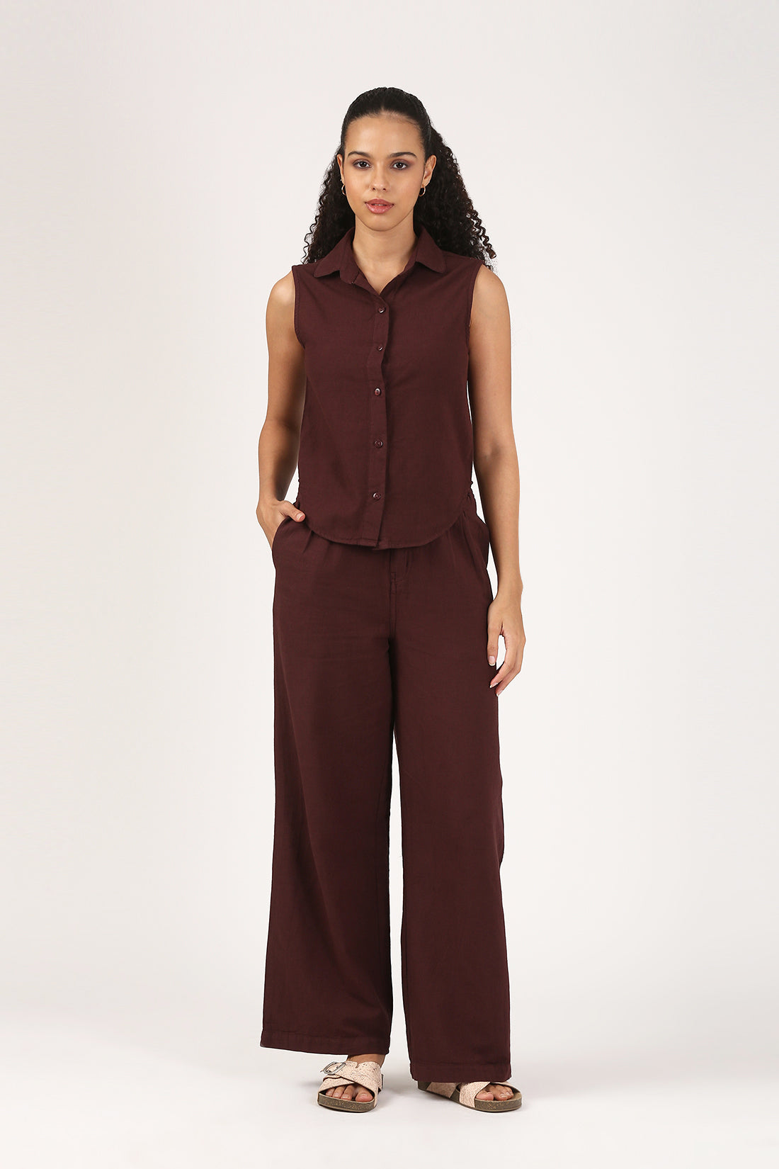 Burgundy Cotton linen Flare Pant