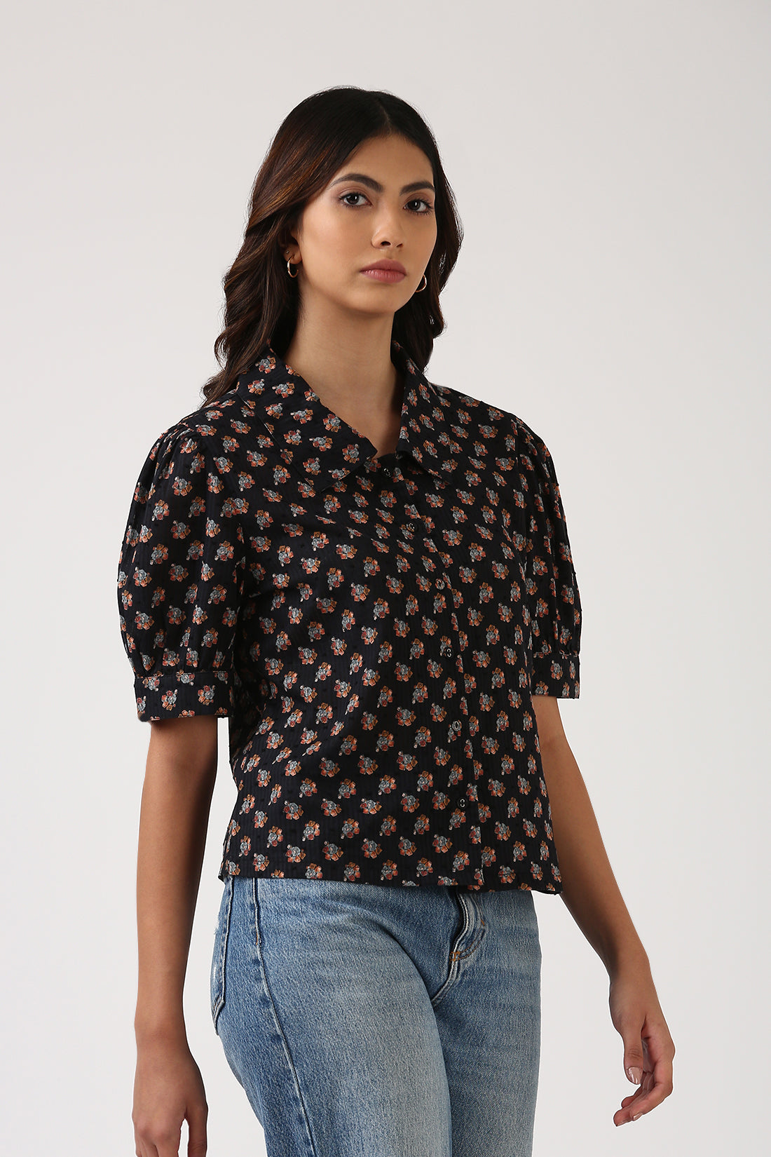 Black Floral Button Down Top