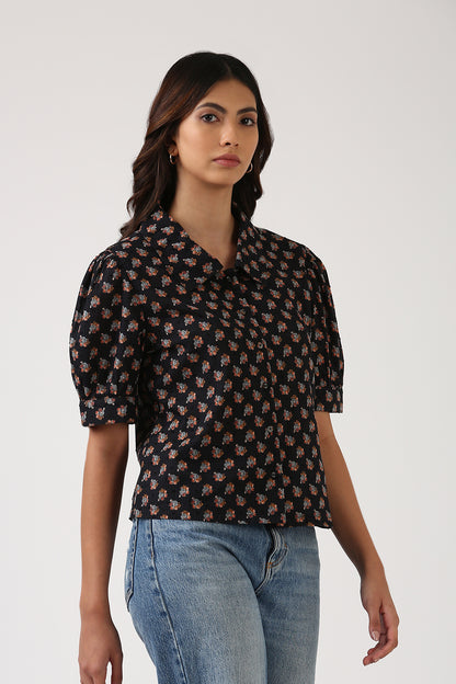 Black Floral Button Down Top