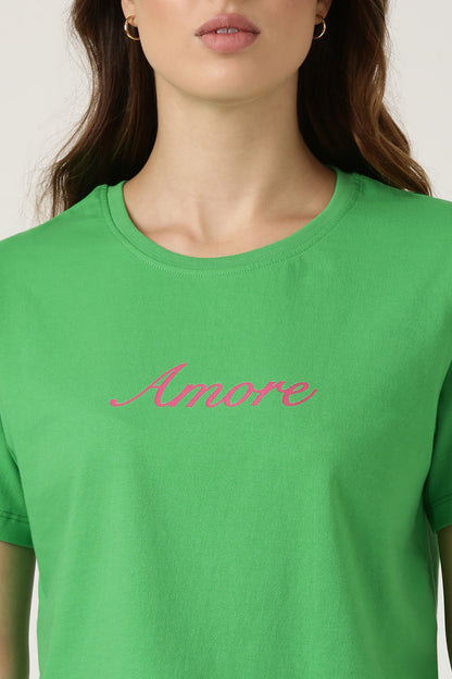 Green T-shirt with caption