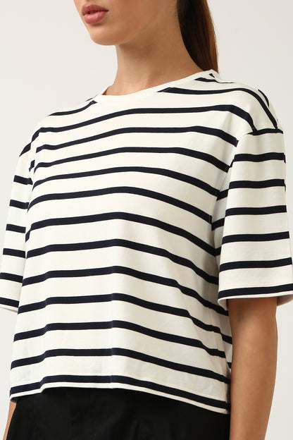 Super Soft-Boxy Tee-White & Navy Stripe
