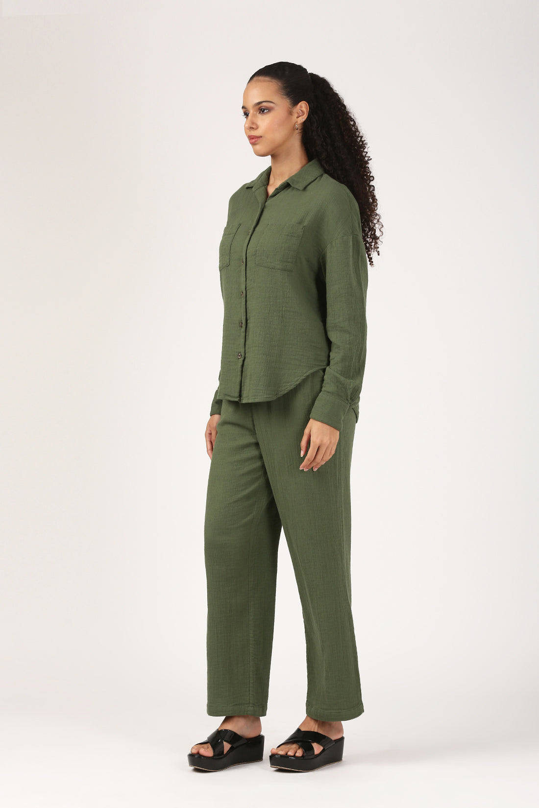 Bottle Green Cotton double cloth Crinkle Wide leg Pant