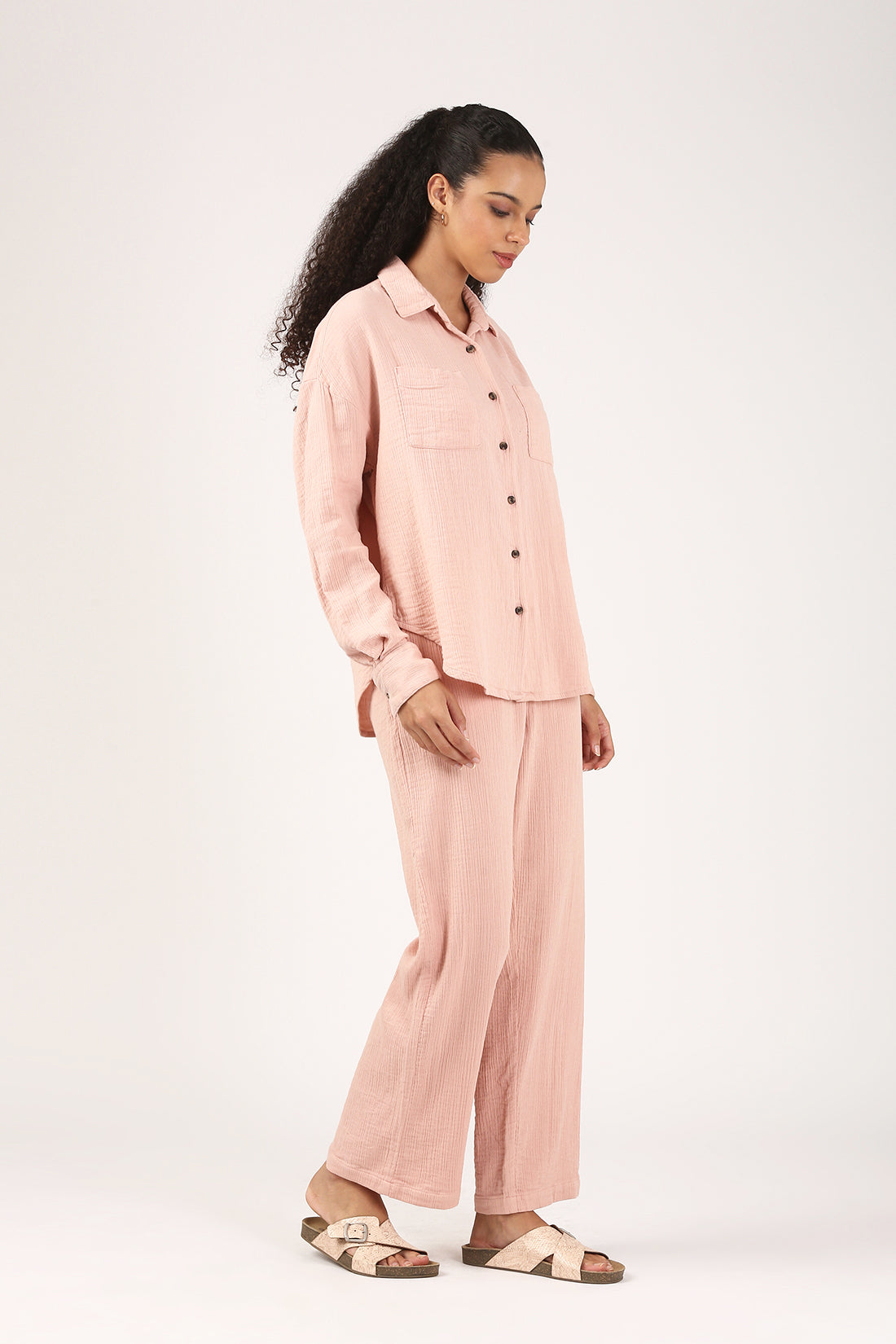 Dusty Pink Cotton double cloth Crinkle Wide leg Pant