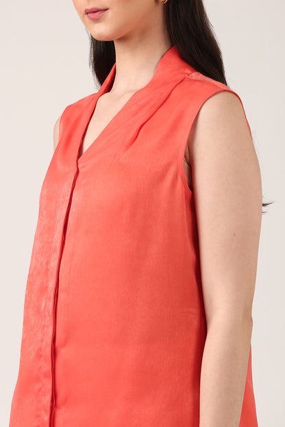Coral Pink Sleeveless Silk Top for Women – V-Neck Formal Workwear Blouse