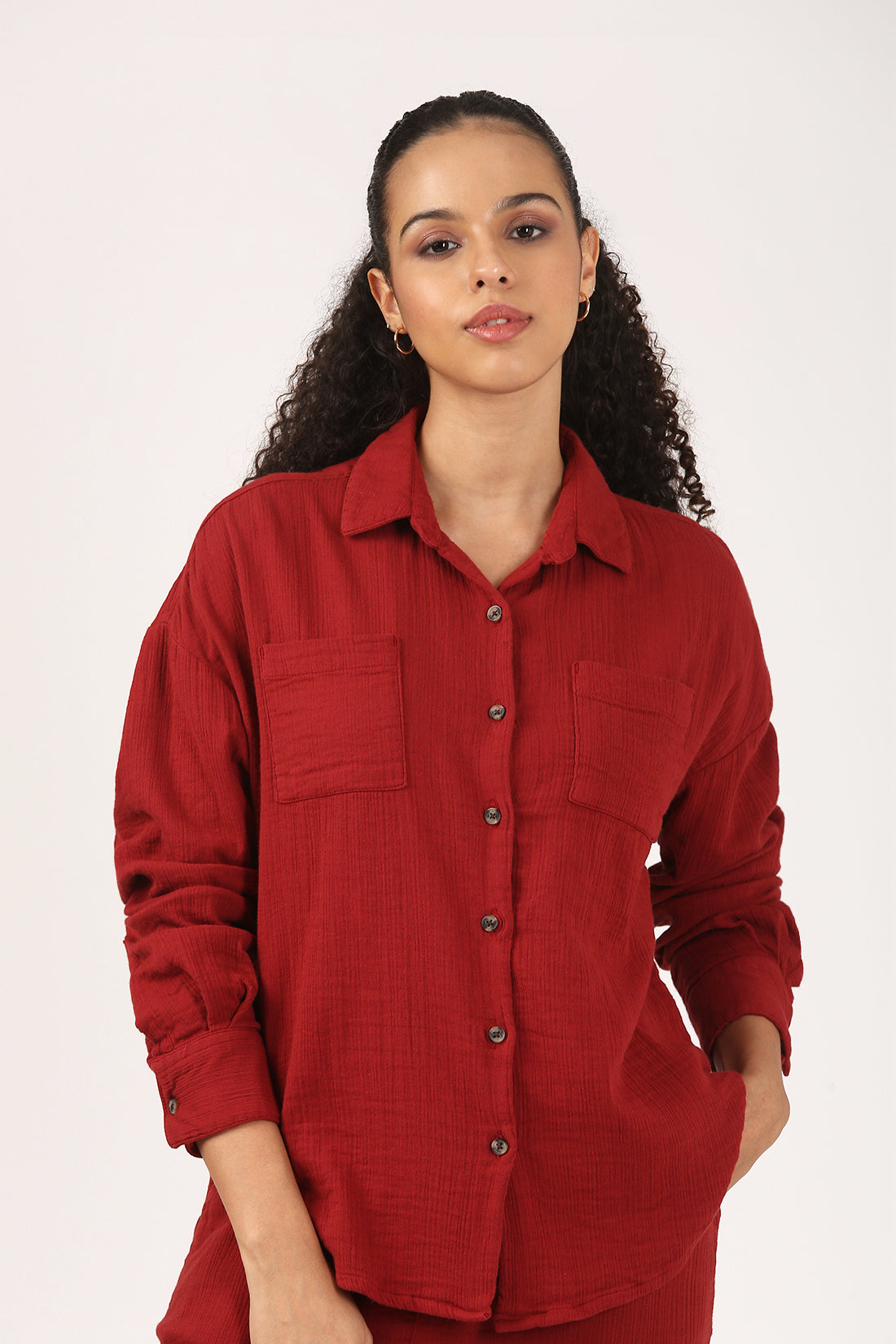 Deep Rust  Cotton Double Cloth Crinkle Oversized Shirt