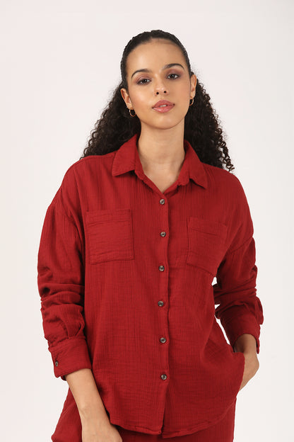 Deep Rust  Cotton Double Cloth Crinkle Oversized Shirt