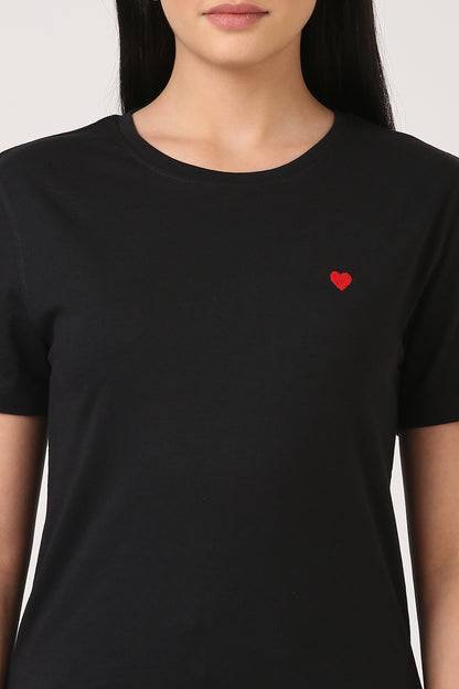Cotton Black T-Shirt with Heart Embroidery