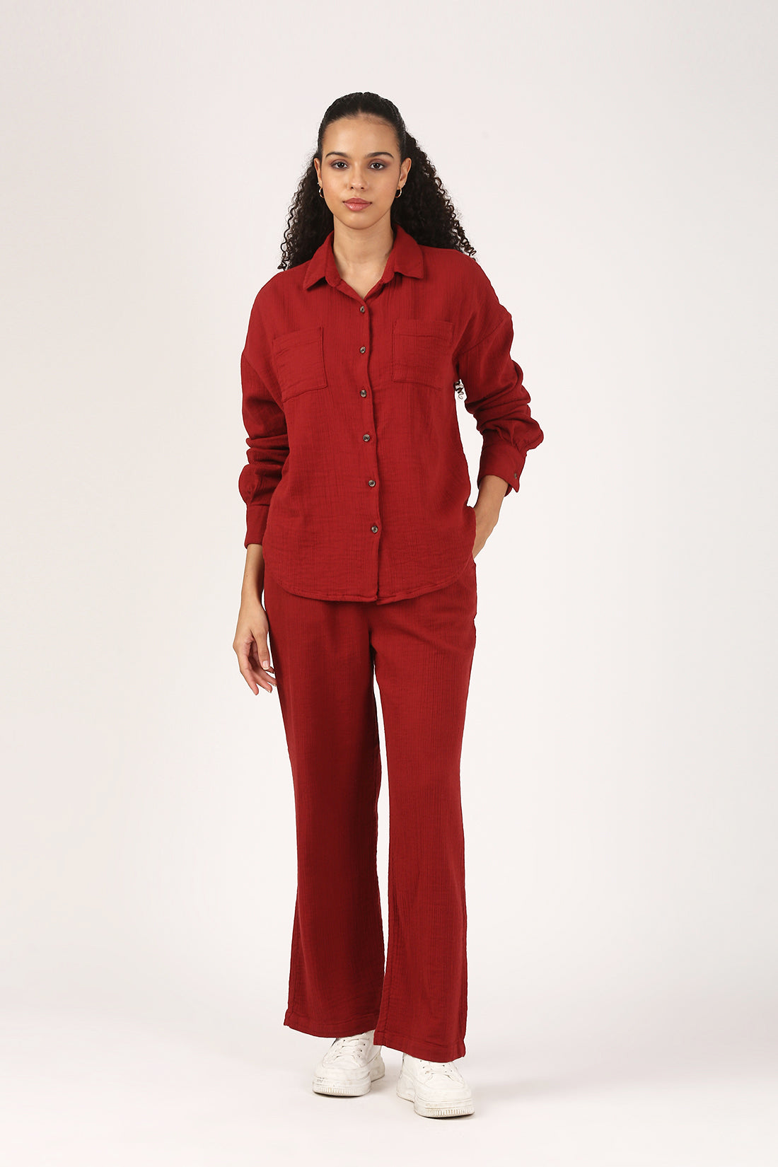 Deep Rust Cotton Double Cloth Crinkle Wide leg Pant