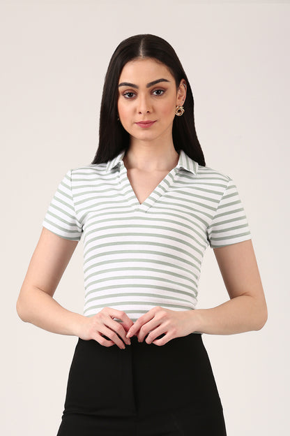 Ribbed Striped Polo Top – Short Sleeve Fitted Top