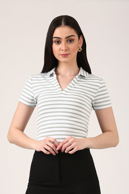 Ribbed Striped Polo Top – Short Sleeve Fitted Top