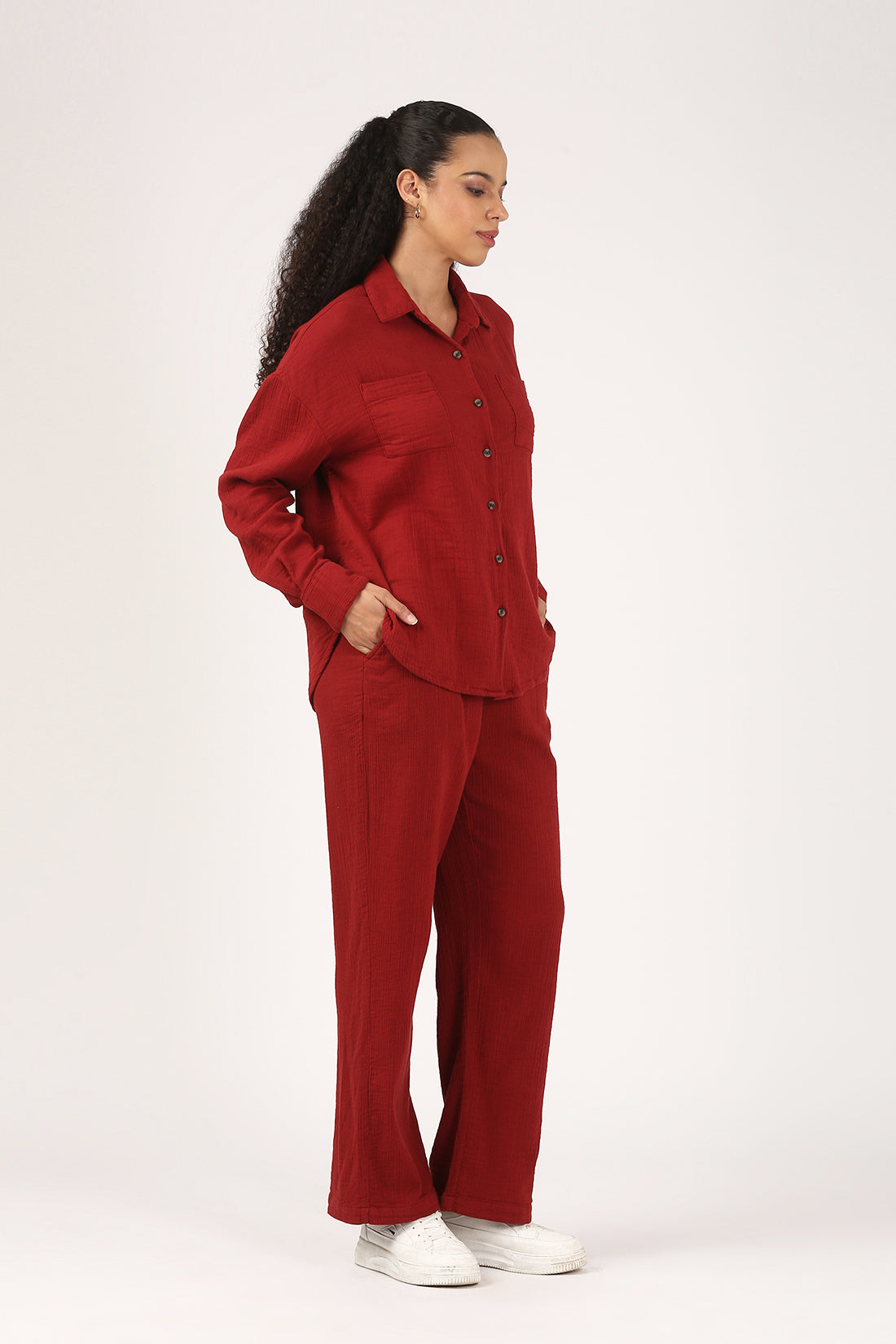 Deep Rust Cotton Double Cloth Crinkle Wide leg Pant