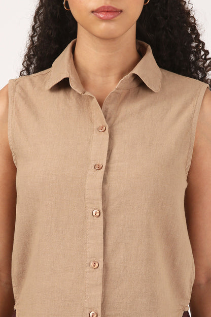 Caramel Cotton Linen Sleeveless Shirt