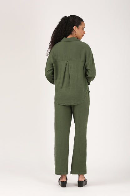 Bottle Green Cotton double cloth Crinkle Wide leg Pant