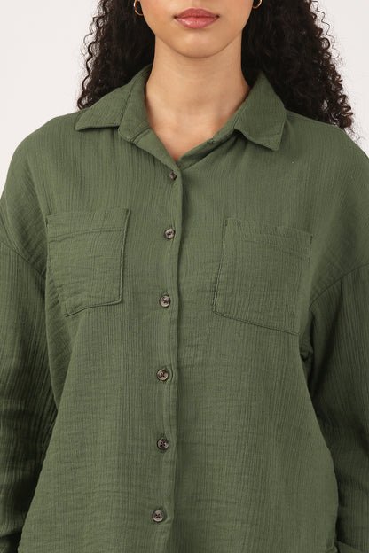 Bottle Green Cotton double cloth Crinkle Oversized Shirt