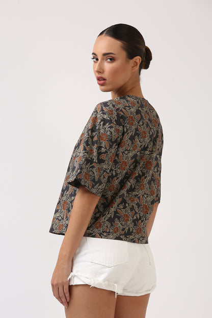 Charcoal Printed Flare Sleeve Top