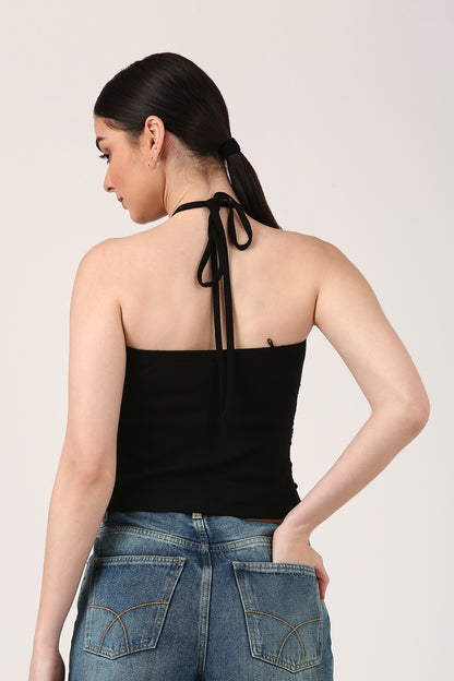 Black Ruched Halter Neck Top For Women – Strap Detail Fitted Party Crop