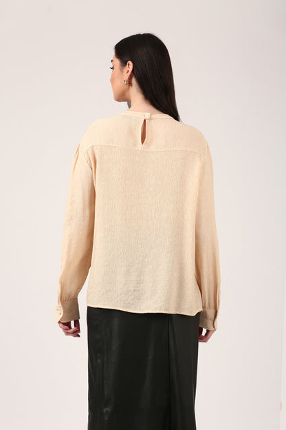 Beige Puff Sleeve Textured Flowy Top