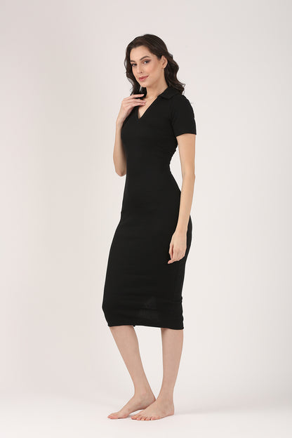 Soft Cotton Rib Contouring Black Bodycon Dress