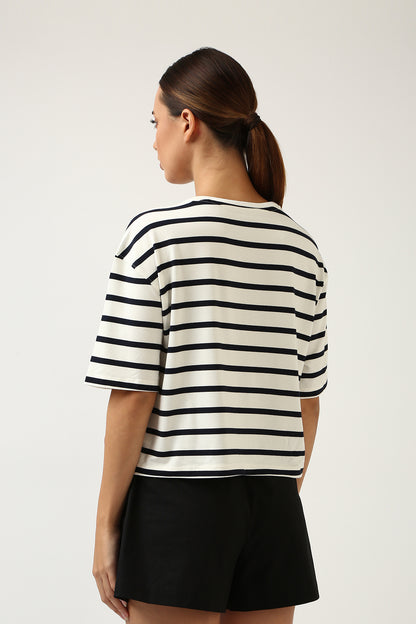 Super Soft-Boxy Tee-White & Navy Stripe