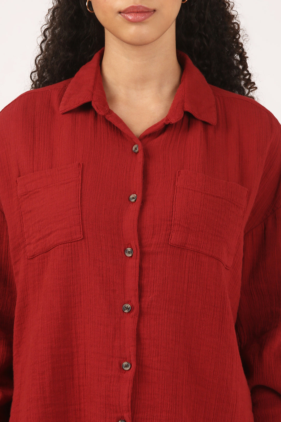 Deep Rust  Cotton Double Cloth Crinkle Oversized Shirt