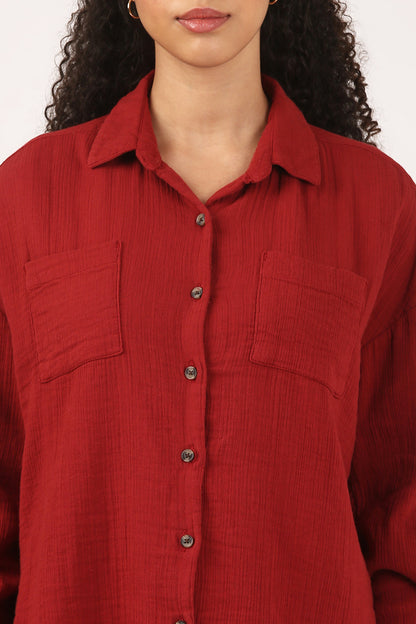 Deep Rust  Cotton Double Cloth Crinkle Oversized Shirt
