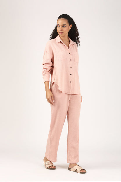 Dusty Pink Cotton double cloth Crinkle Wide leg Pant